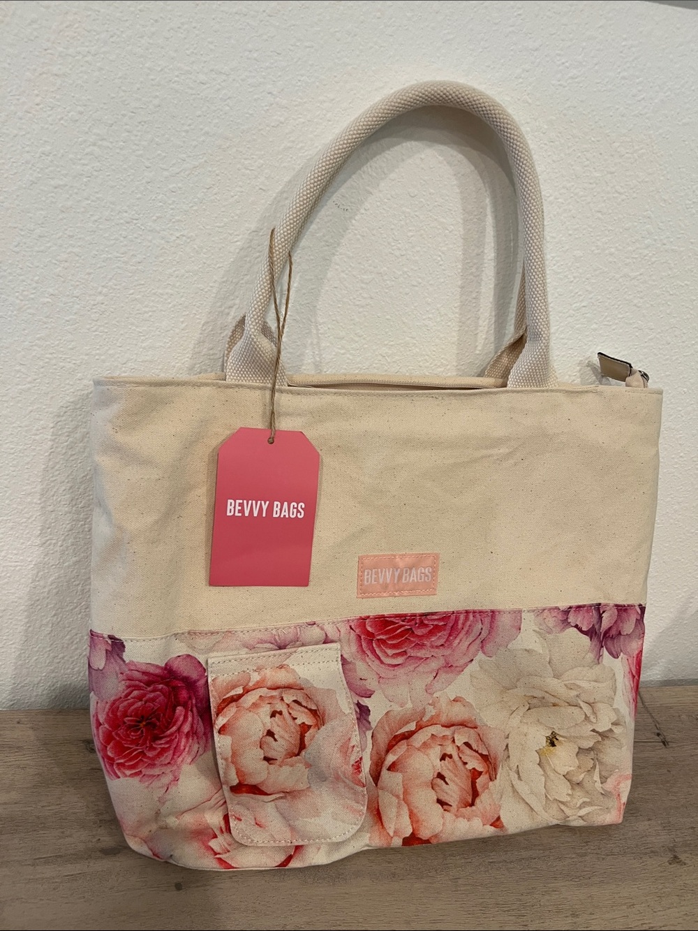 Bevvy Bag, NWT! Floral Canvas Tote Bag in Cream and Pink